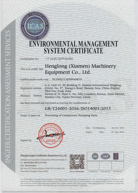 Chiny Henglong (Xiamen) Machinery Equipment Co., Ltd. Certyfikaty